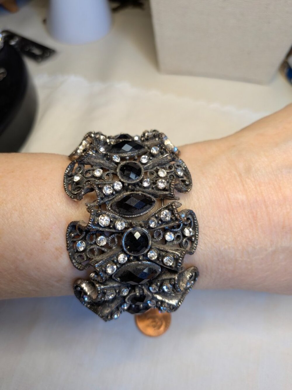Black Rhinestone Filigree Wide Cuff Bracelet Gunmetal Flexible 6.5"
